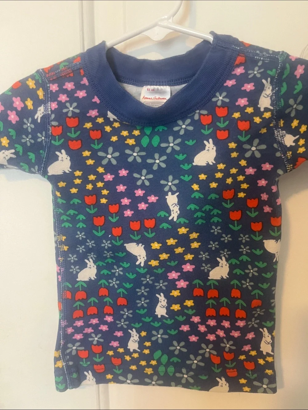 Hanna Andersson Navy Short Pajama Set with White Bunny & Multicolor Floral Print